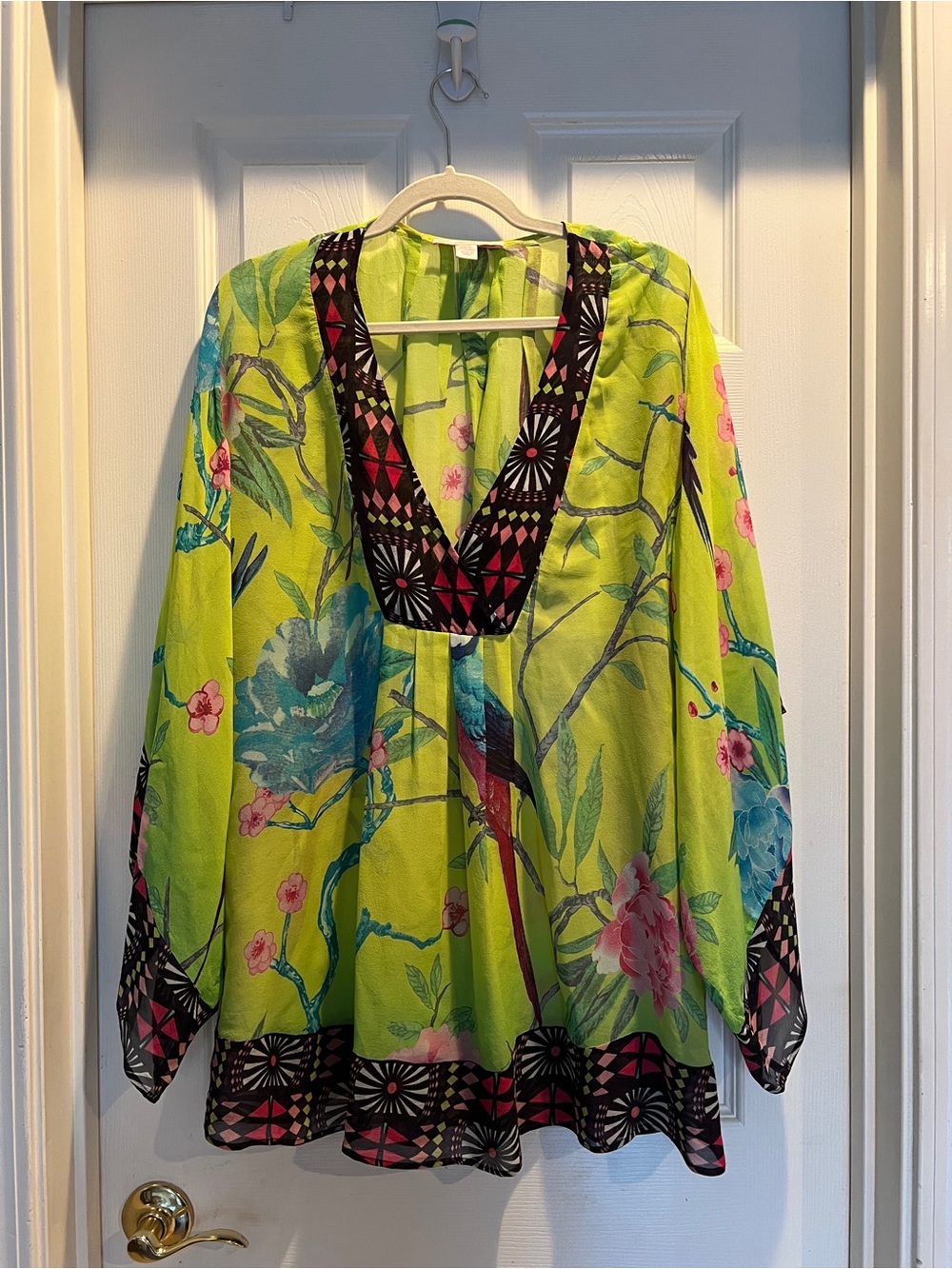 H&M Lime Green Floral V-Neck Tunic with Black & Pink Trim